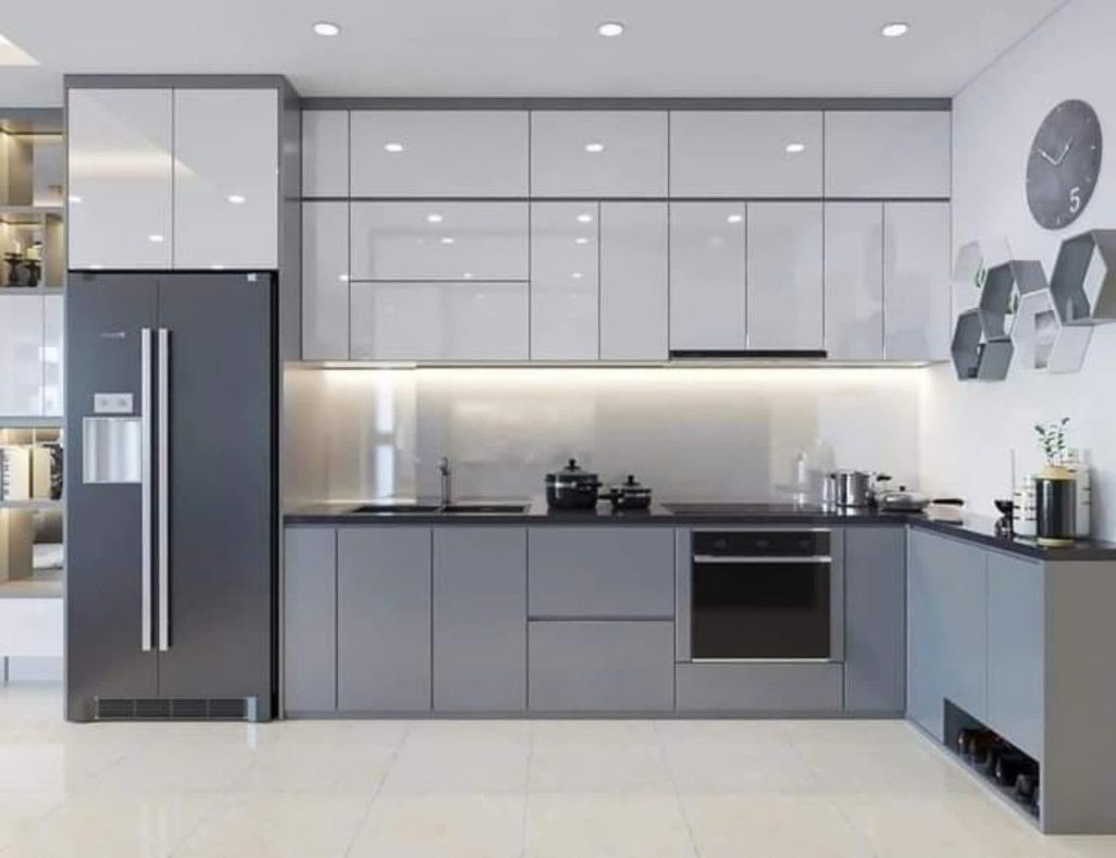 tủ bếp cánh kính chữ l